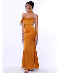 Miss Circle Women's Ivona Gold Halter Neck Double Duchess Satin Gown