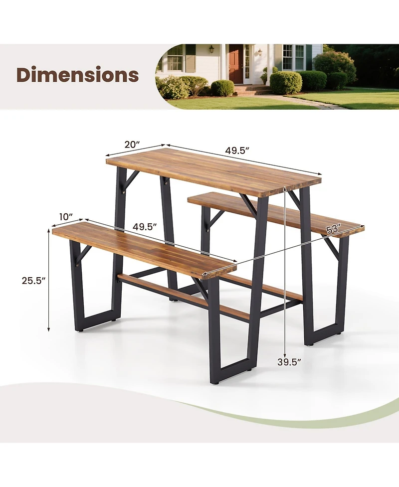 Gymax Outdoor Picnic Table for 4 Acacia Wood Rectangular Picnic Table w/ 2 Built-in Benches