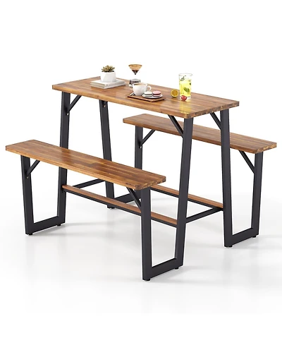 Gymax Outdoor Picnic Table for 4 Acacia Wood Rectangular Picnic Table w/ 2 Built-in Benches