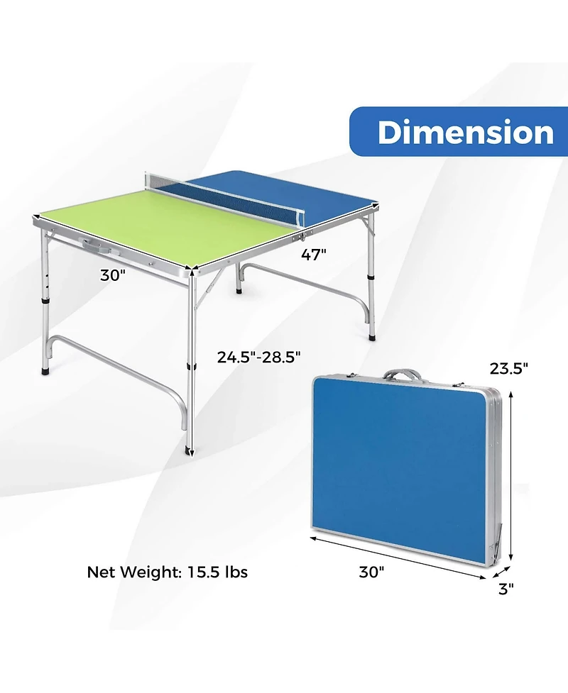 47" x 30" Mini Table Tennis Table with Adjustable Height for Indoor Outdoor