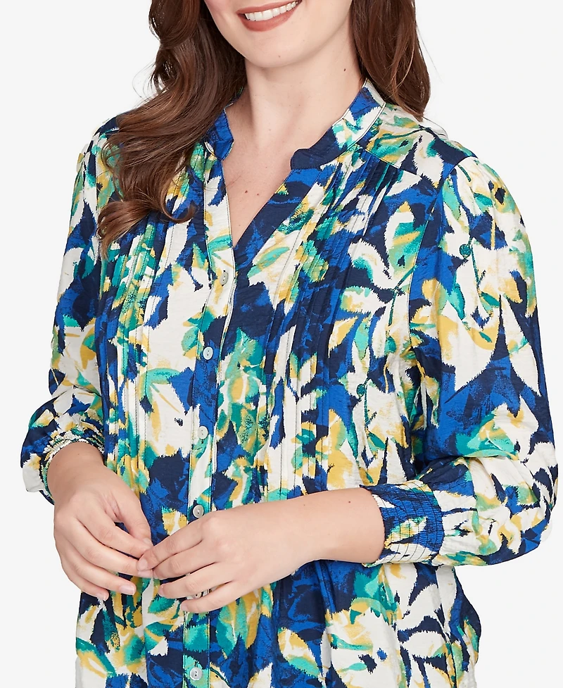 Ruby Rd. Petite Floral Silky Voile Button Down Top