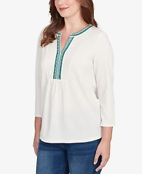 Ruby Rd. Petite Embellished Textured Split Neck Top