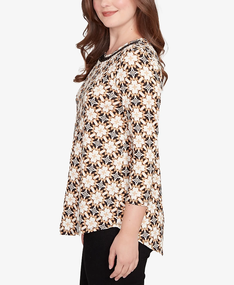 Ruby Rd. Petite Mesh Textured Geo Puff Print Top