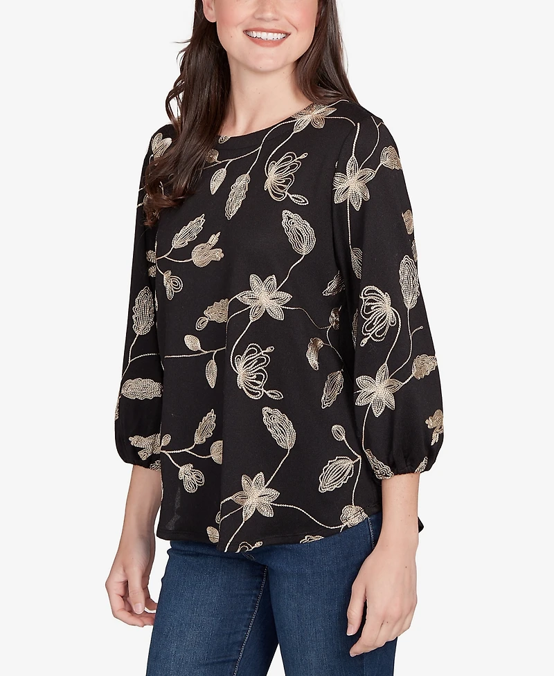 Ruby Rd. Petite Metallic Embroidered Floral Top