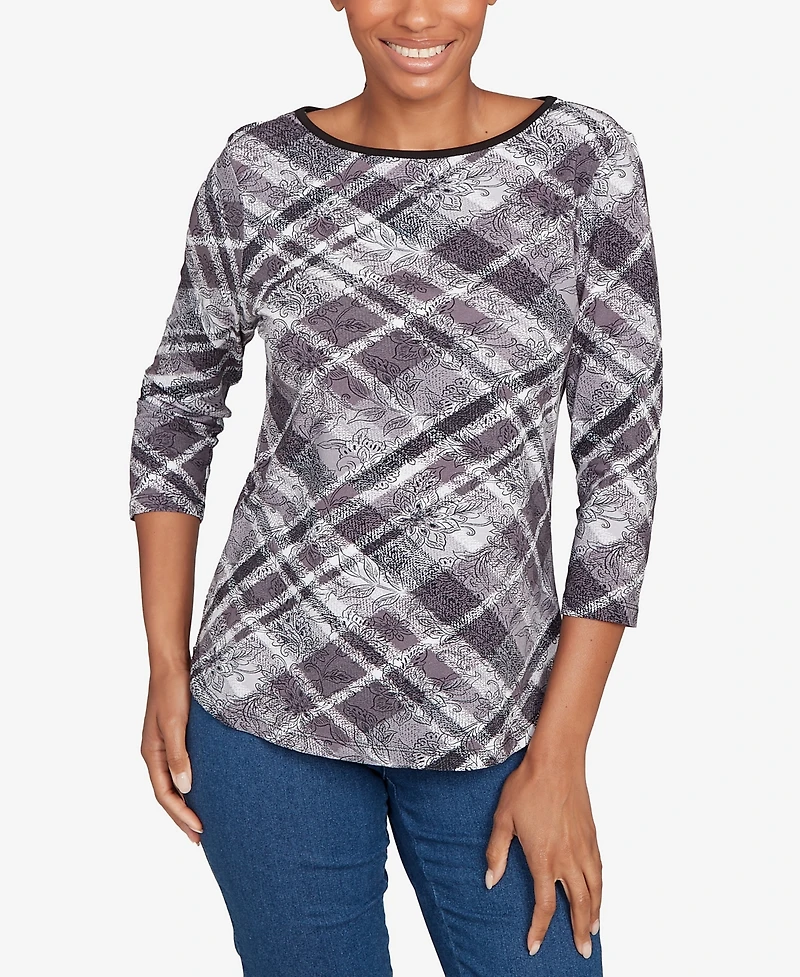Ruby Rd. Petite Solid Tipped Plaid Knit Top