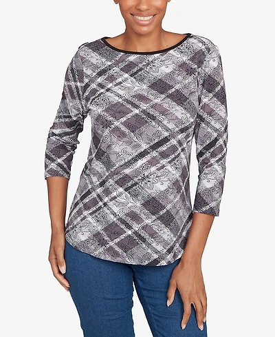 Ruby Rd. Petite Solid Tipped Plaid Knit Top