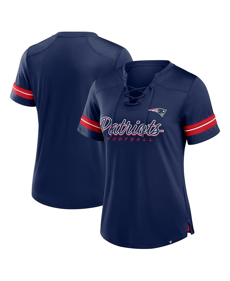 Fanatics Women's Navy New England Patriots Play Script Lace-Up T-Shirt