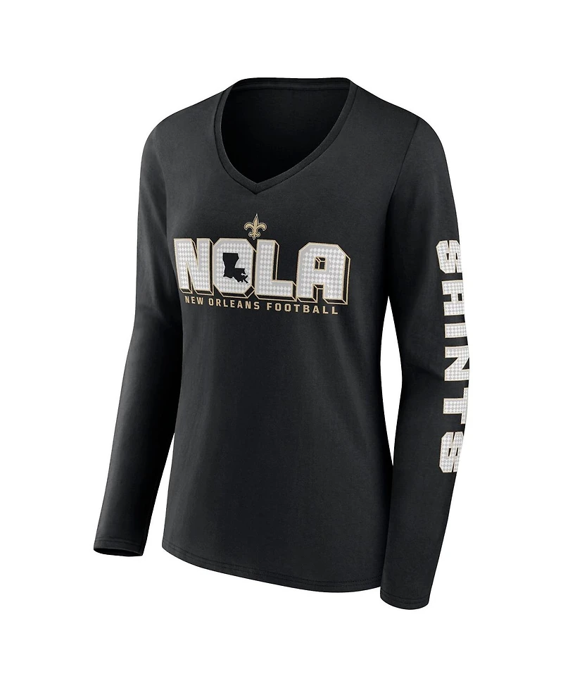 Fanatics Women's Black New Orleans Saints Hometown Sweep Long Sleeve V-Neck T-Shirt