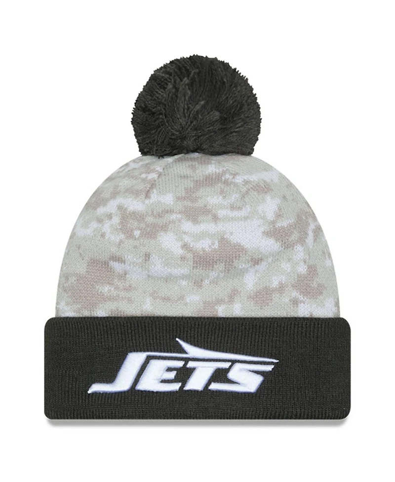 New Era Men's White/Graphite New York Jets 2024 Salute to Service Digital Camo Cuffed Pom with Knit Hat