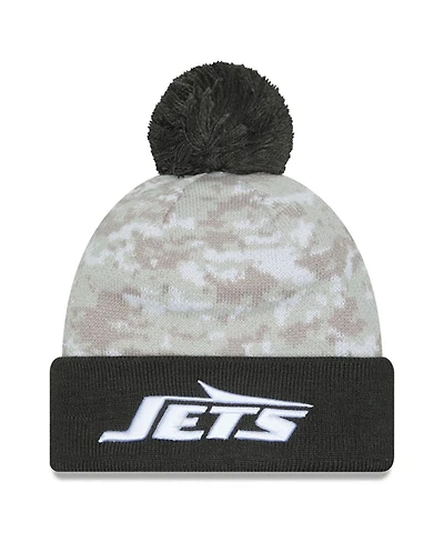 New Era Men's White/Graphite New York Jets 2024 Salute to Service Digital Camo Cuffed Pom with Knit Hat