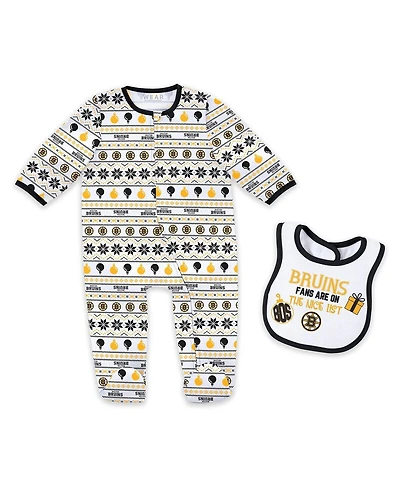 Wear by Erin Andrews Newborn 2-Piece Boston Bruins Allover Print Full-Zip Sleeper and Bib Christmas Set