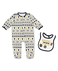 Wear by Erin Andrews Newborn 2-Piece Boston Bruins Allover Print Full-Zip Sleeper and Bib Christmas Set