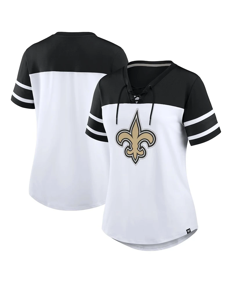 Fanatics Women's White/Black New Orleans Saints Athena Rhinestone Lace-Up V-Neck T-Shirt