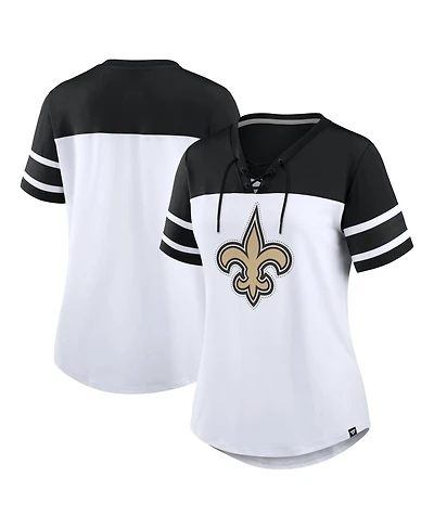 Fanatics Women's White/Black New Orleans Saints Athena Rhinestone Lace-Up V-Neck T-Shirt