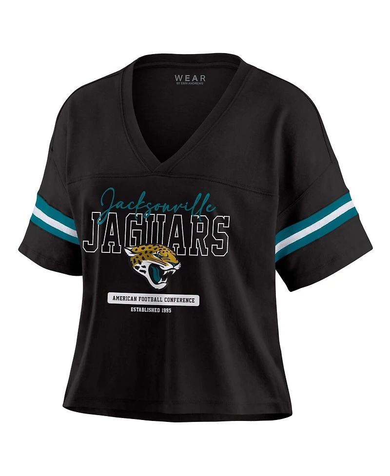 Wear by Erin Andrews Women's Black Jacksonville Jaguars Color Block Boxy Modest Crop V-Neck T-Shirt