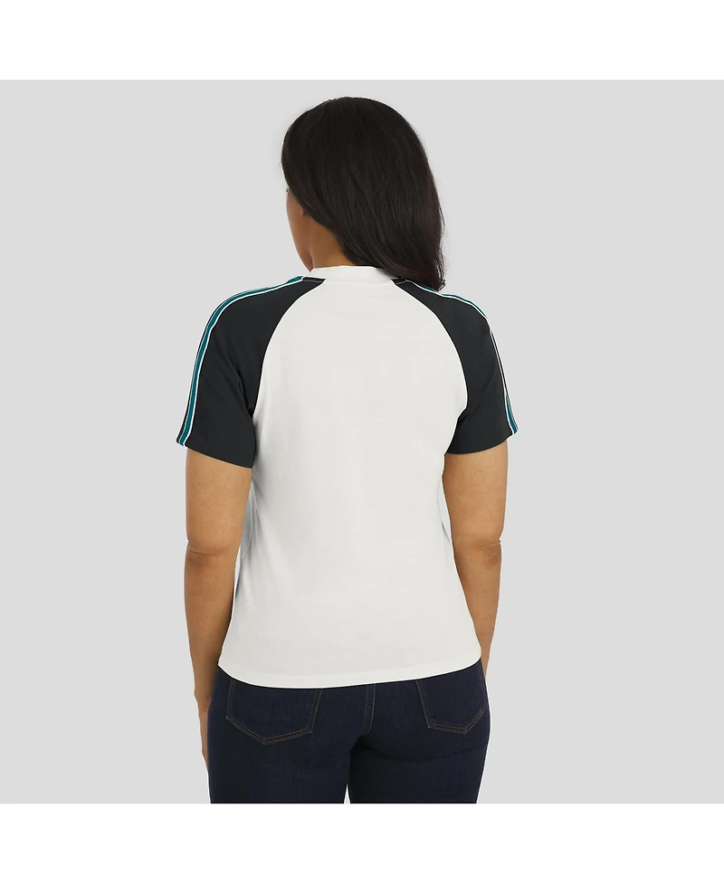 Wear by Erin Andrews Women's White Jacksonville Jaguars Sleeve Stripe Distressed Raglan T-Shirt