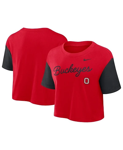Nike Women's Scarlet/Black Ohio State Buckeyes Color-Block Script Performance Cropped T-Shirt
