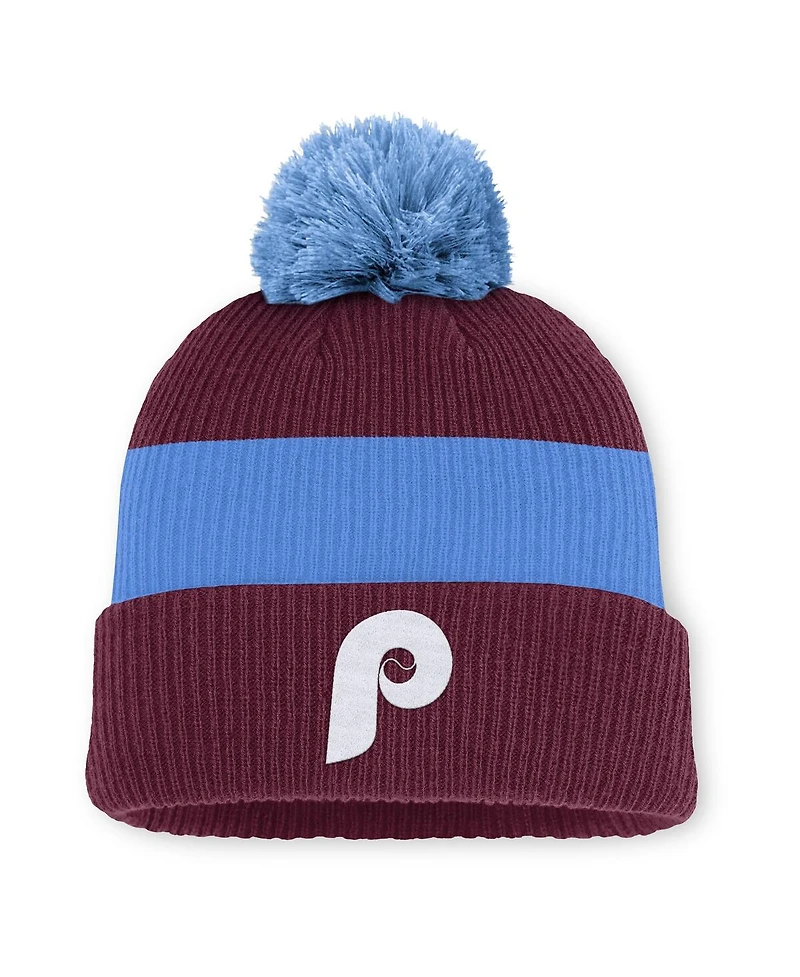 Nike Men's Burgundy/Light Blue Philadelphia Phillies Cooperstown Collection Peak Standard Cuffed Pom with Knit Hat