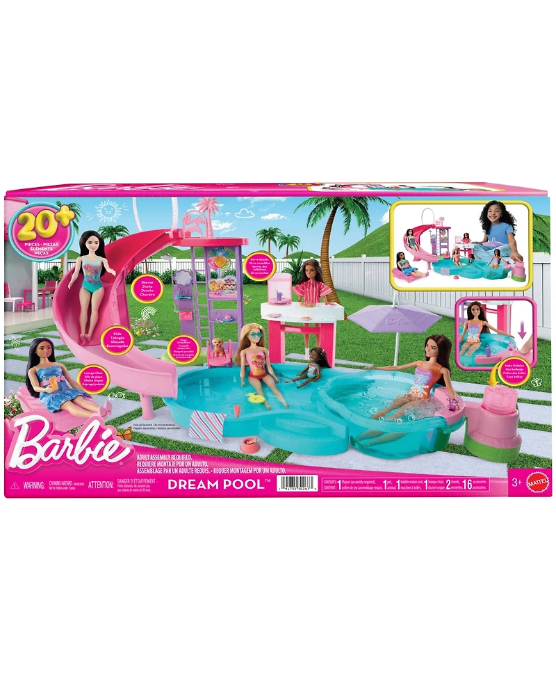Barbie Dream Pool Playset with Slide and Bubbling Hot Tub 20 Plus Accessories Including Pet