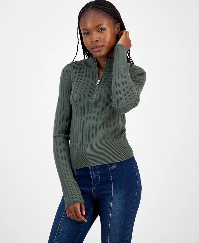 Hooked Up by Iot Juniors' Variegated Rib-Knit Half-Zip Sweater