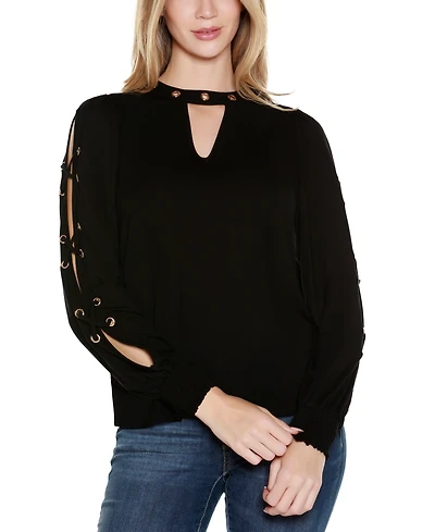 Belldini Women's Slit-Sleeve Keyhole Knit Top