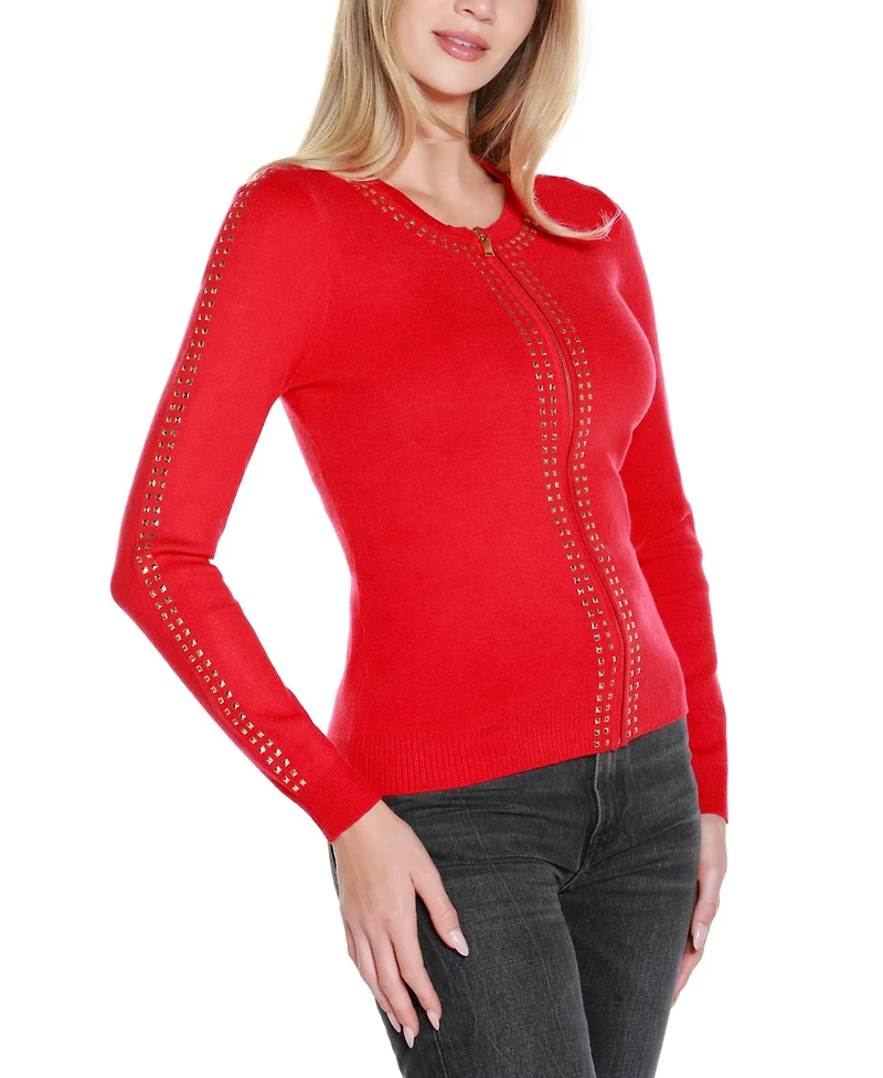 Belldini Women's Crewneck Embellished Zip Cardigan Sweater