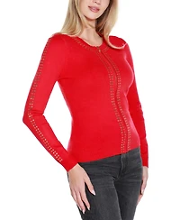 Belldini Women's Crewneck Embellished Zip Cardigan Sweater
