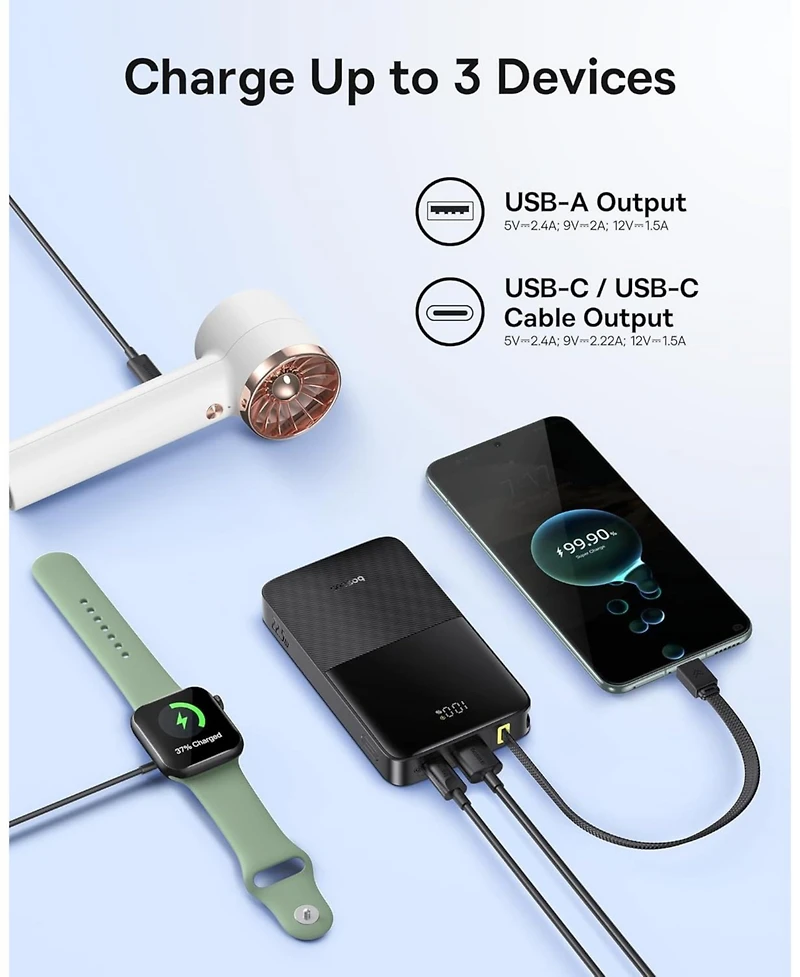 Baseus Portable Charger, 22.5W Pd Fast Charging 10000mAh Power Bank, Built-in Braided Usb C Cable Battery Pack, Travel Essentials Portable Phone Charg