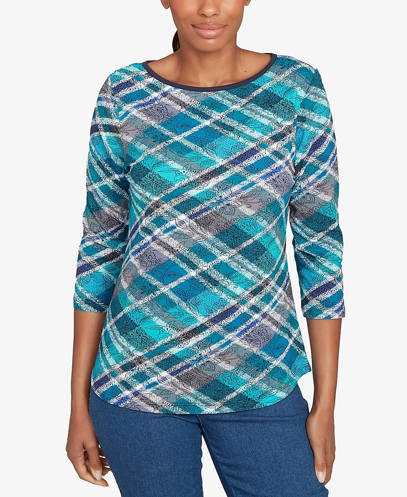 Ruby Rd. Petite Solid Tipped Plaid Knit Top