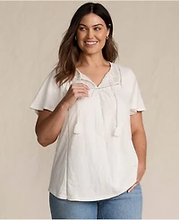 Lands' End Women's Plus Slub Flutter Sleeve Lace Trim Notch Neck Tunic Top