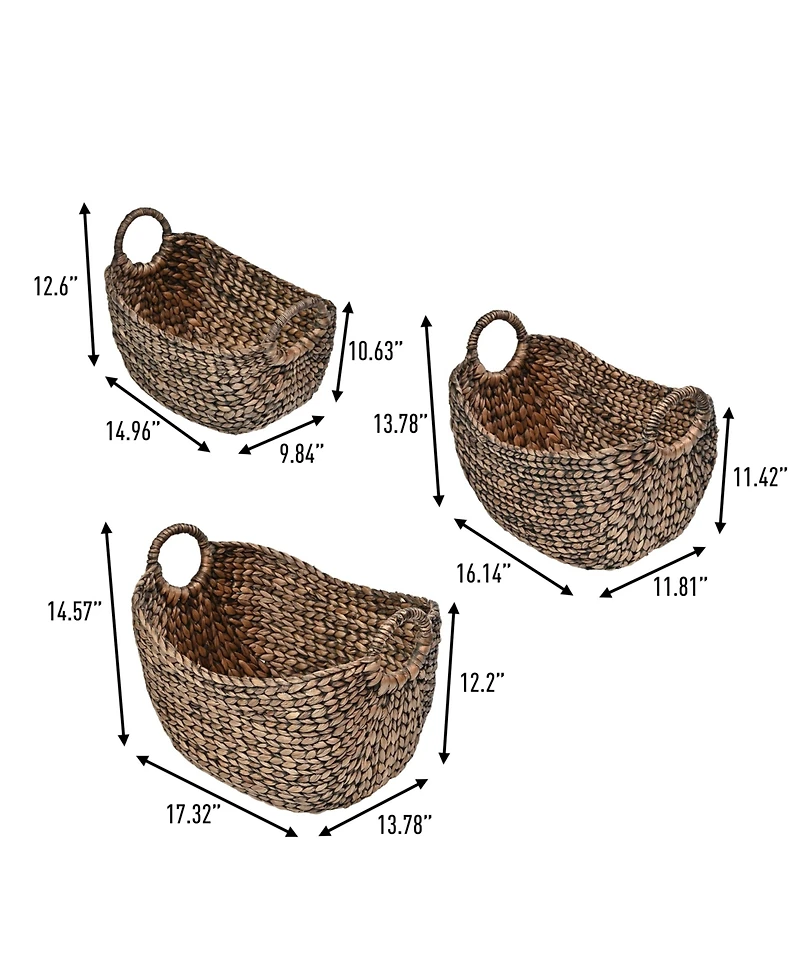 Nellie Farmhouse Classic Hand-Woven Hyacinth Storage Boat Baskets with Handles (Set of 3)