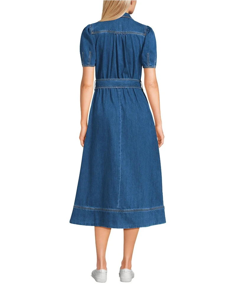 Lands' End Women's Soft Denim Puff Sleeve Midi Dress