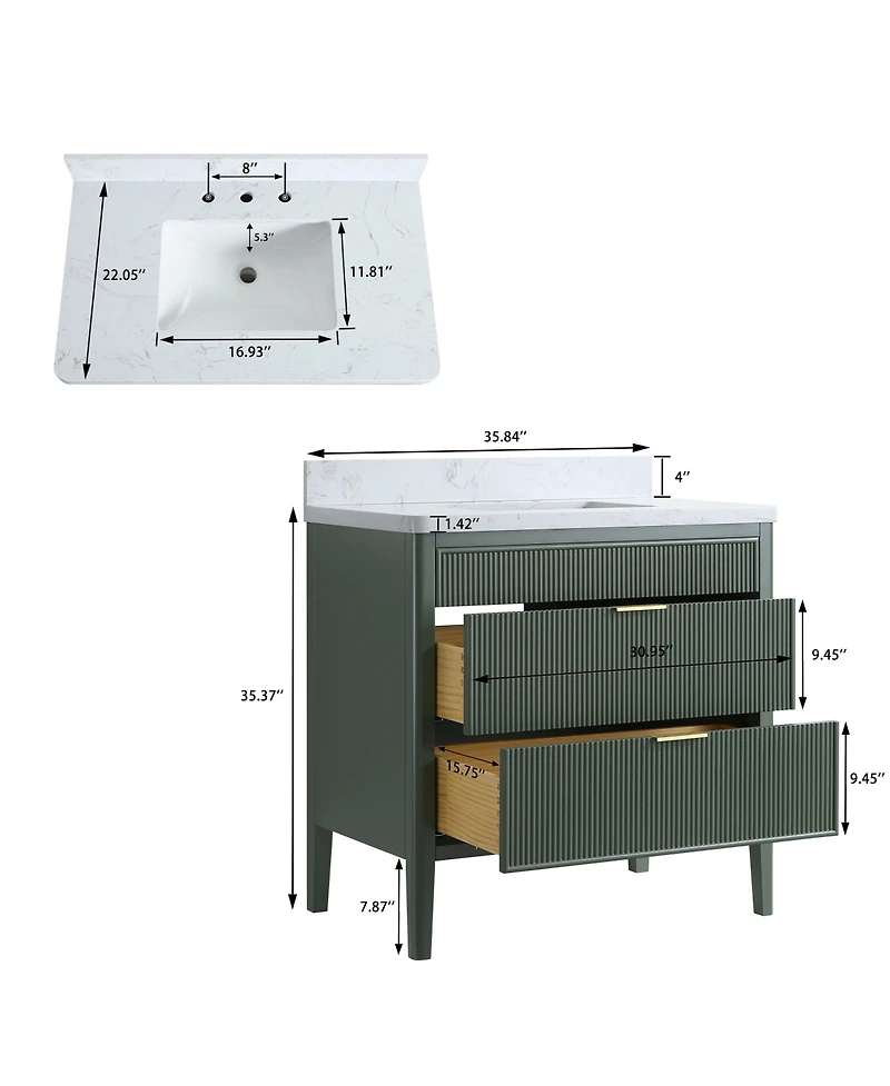 Casainc Fully Assembled 36" Freestanding Single Sink Bathroom Vanity with 2 Handle Sets and Engineered Marble Top