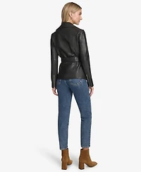 Andrew Marc Women's Violet Belted Moto Leather Jacket