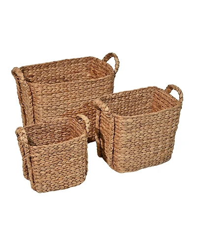 Clara Farmhouse Classic Hand-Woven Hyacinth Rectangle Storage Floor Baskets with Handles (Set of 3)