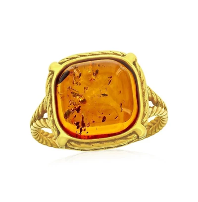 Caribbean Treasures Sterling Silver, Square Amber Ring - Gold Plated