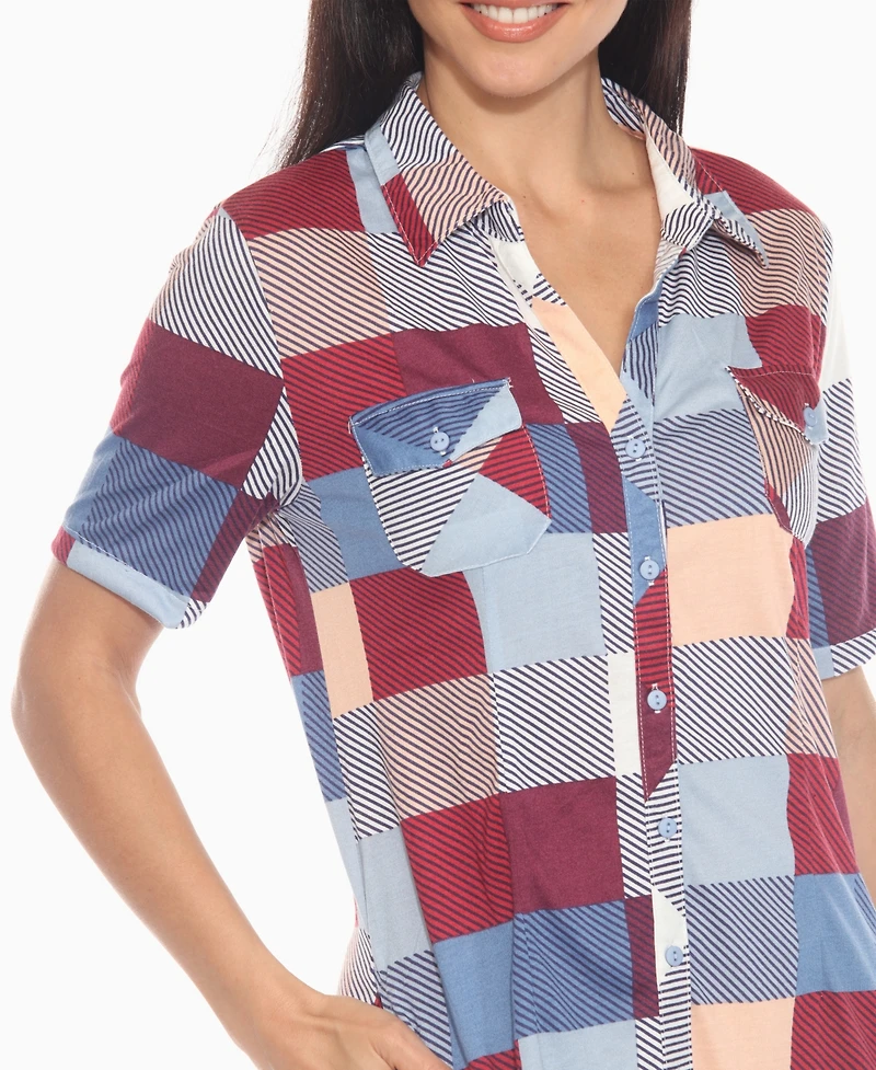 White Mark Women's Short Sleeve Plaid Button-Down Shirt Dress