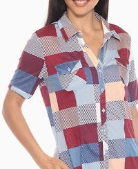 White Mark Women's Short Sleeve Plaid Button-Down Shirt Dress