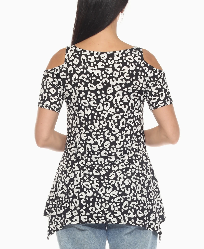 White Mark Women's Cold Shoulder Leopard Print Short Sleeve Top