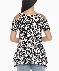 White Mark Women's Cold Shoulder Leopard Print Short Sleeve Top