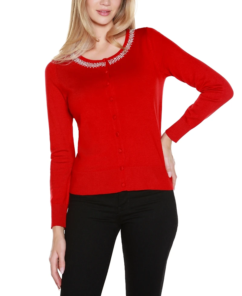 Belldini Women's Embellished Neckline Cardigan Sweater