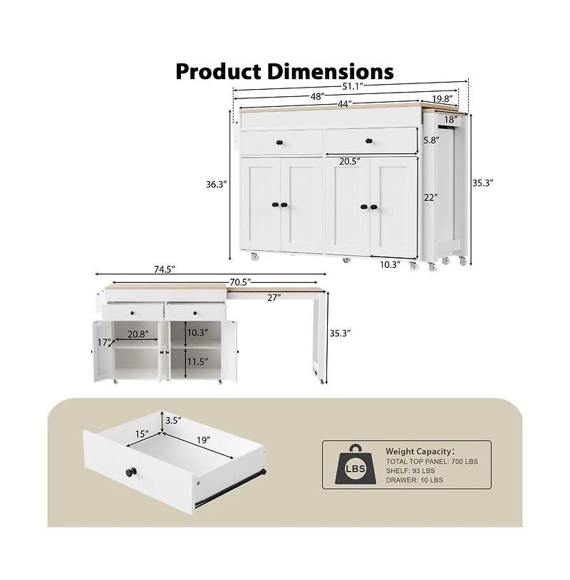 Maison Boucle 74.5" Kitchen Island with Pull-Out Dining Table, Rolling Storage Cart with 2 Drawers, Cabinets & Spice Rack-Maison Boucle
