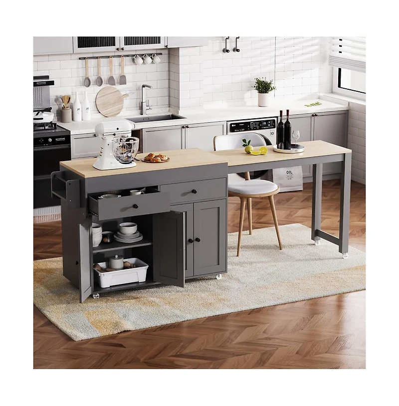 Maison Boucle 74.5" Kitchen Island with Pull-Out Dining Table, Rolling Storage Cart 2 Drawers, Cabinets & Spice Rack-Maison