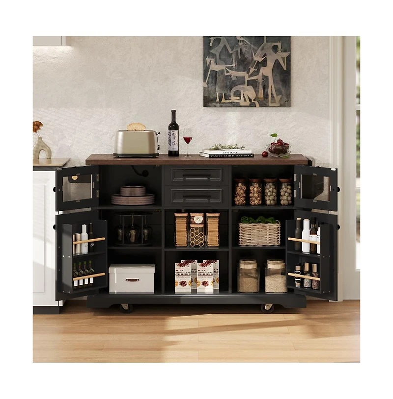 Maison Boucle 54.9" Rolling Kitchen Island with Drop Leaf & Power Outlet, Farmhouse Storage Cart Adjustable Shelves-Maison