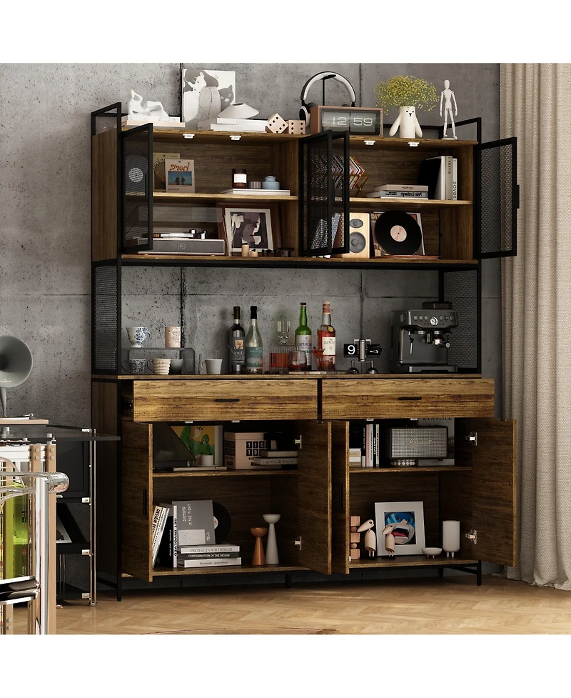 Homsee High quality black iron frame, 4-door iron mesh steel wood cabinet, storage cabinet, pantry