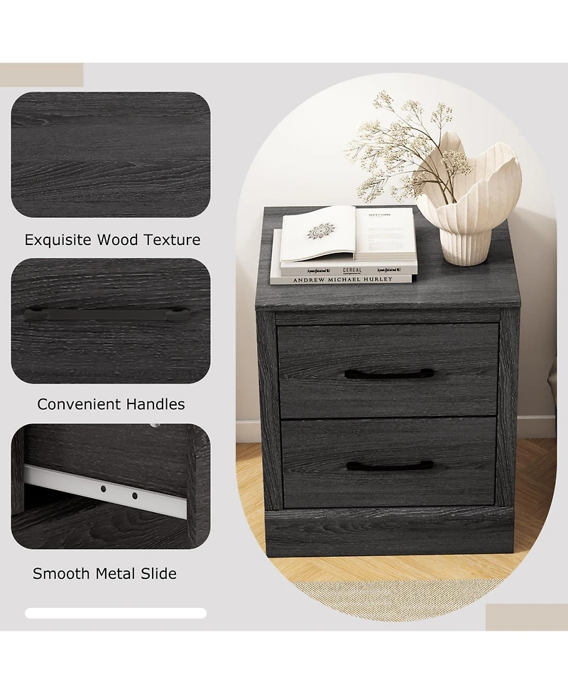Gymax Set of 2 Drawer Nightstand Bedside Table Compact Sofa End Table Oak Dark Grey