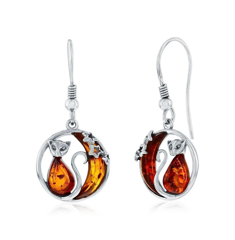 Caribbean Treasures Sterling Silver, Cat & Moon Amber Dangle Earrings