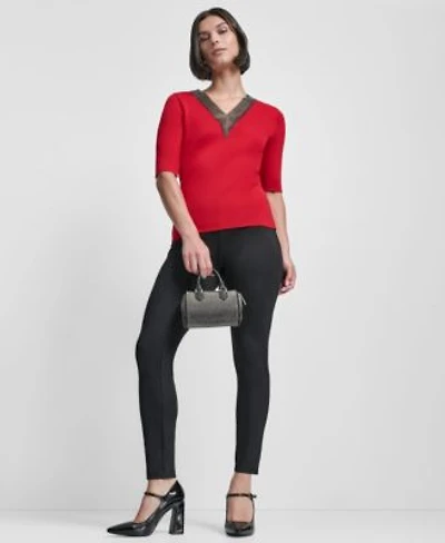 Dkny Womens Embellished Neck Half Sleeve Ribbed Sweater Slim Leg Pull On Ponte Ankle Pant