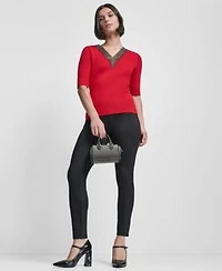 Dkny Womens Embellished Neck Half Sleeve Ribbed Sweater Slim Leg Pull On Ponte Ankle Pant