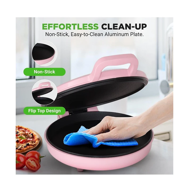 NutriChef Countertop Pizza Maker - Non-Stick Electric Pizza Oven with Cool Touch Handle and Uplift Function, Includes Spatula (Pink)